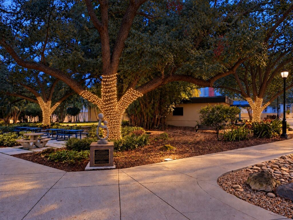 AI-generated concept of warm-white lights wrapped around courtyard trees.